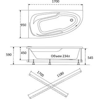 Акриловая ванна 1ACReal Мадрид Щ0000045646 левая обрезанная 170x95 см белый