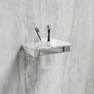 Стакан для зубных щёток Lemark Glass Line 9731034 с держателем хром/белое стекло