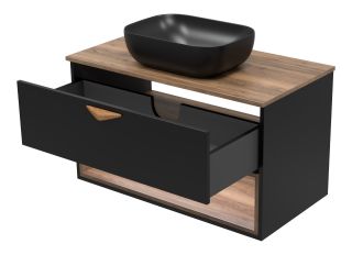 Подвесная тумба под раковину Brevita Bergen BER-07090-19-02-1Я с подсветкой 90см дуб Галифакс олово/чёрный