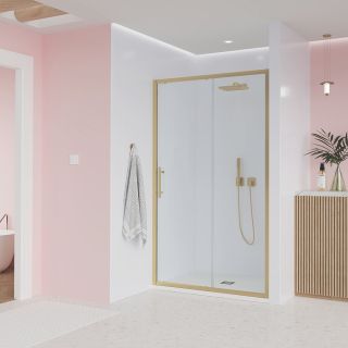 Душевая дверь Veconi Evo 100 G, 1300x1950, золото брашинг, стекло прозрачное