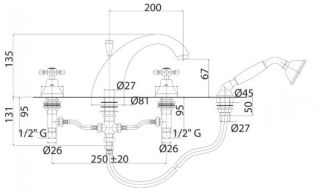 Смеситель на борт ванны с ручным выдвижным душем, золото Cezares GOLF-BVD-03/24-Bi