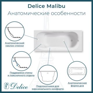 Ванна чугунная Delice Malibu DLR230629R-AS 160х75 с отверстиями под ручки и антискользящим покрытием