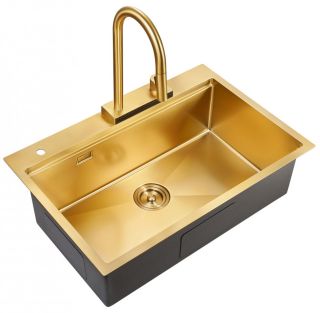 Мойка для кухни Milacio Denia 75 Steel MC.77428 в комплекте со смесителем и коландером брашированное золото