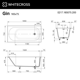 Ванна из искусственного камня WHITECROSS Gin 0217.165075.200 165x75 см белый матовый