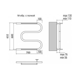 Полотенцесушитель водяной Terminus М-образный с полкой 600x700