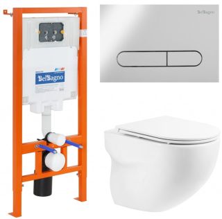 Комплект 4 в 1 BelBagno BB066CHR/BB870SC/BB002-80/BB005-PR-CHROME унитаз подвесной ONDA BB066CHR с сиденьем BB870SC система инсталляции для унитазов BB002-80 с кнопкой смыва BB005-PR-CH