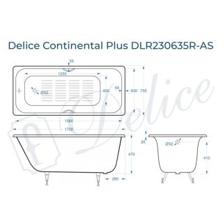 Ванна чугунная Delice Continental PLUS DLR230635R-AS с отверстиями под ручки и антискользящим покрытием 170х75 см